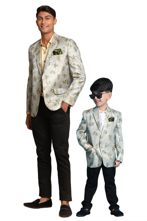 VASTRAMAY Green Jacquard Baap Beta Blazer Set